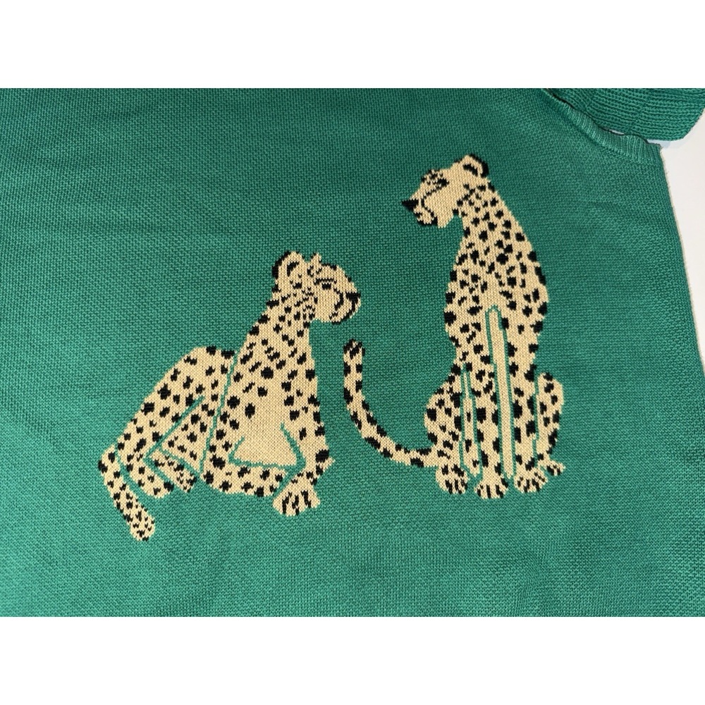 Entro Green Cheetah Ruffle Sleeve Sweater Top Knit Crewneck Size L 100% Cotton - Picture 5 of 7